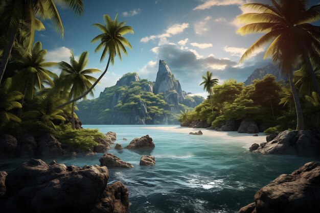 Tropical beach with palm trees and blue sea against the backdrop of an extinct volcano