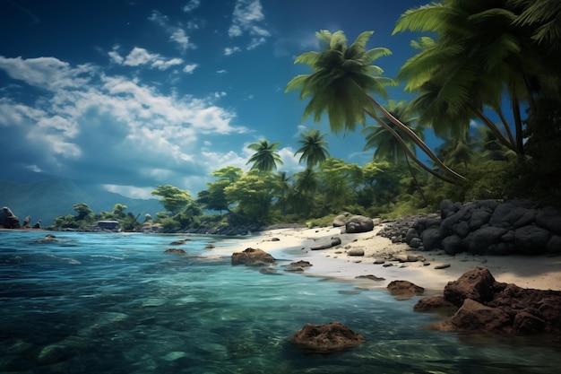 Tropical beach with palm trees and blue sea Tropical paradise