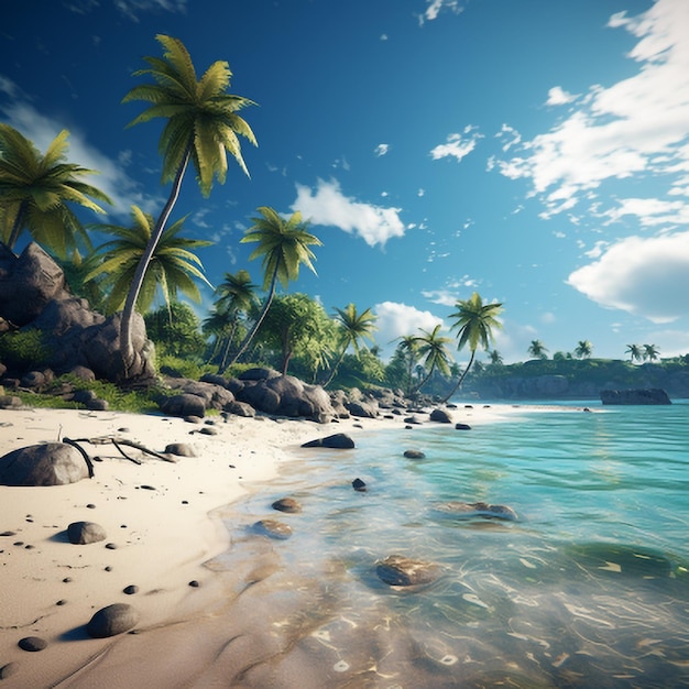 Tropical beach with palm trees and blue sky