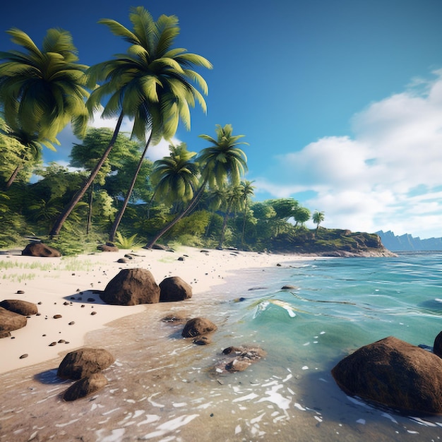 Tropical beach with palm trees and blue sky