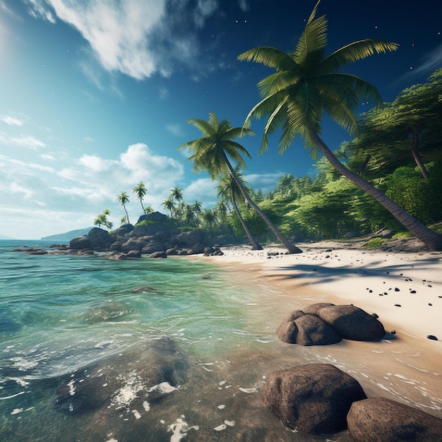 Tropical beach with palm trees and blue sky