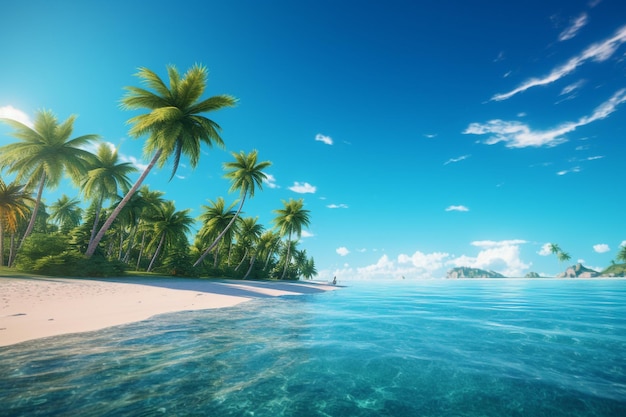 Tropical beach with palm trees and blue sky