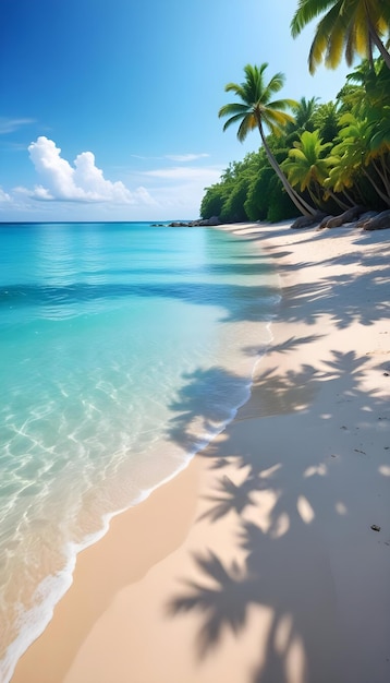 a tropical beach with palm trees and blue water