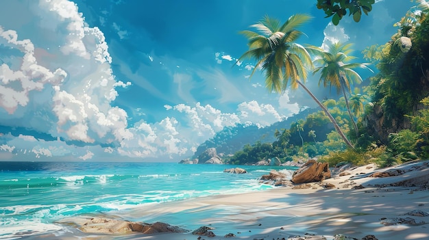 Tropical beach with palm trees and calm ocean waves under a bright blue sky with scattered clouds Pe