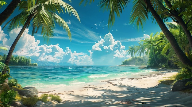 Tropical beach with palm trees and calm ocean waves under a bright blue sky with scattered clouds Pe