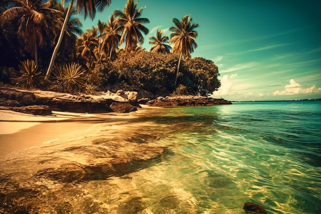 A tropical beach with palm trees and clear water