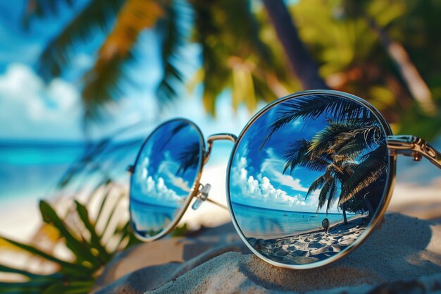 Tropical beach with palm trees reflection in sunglasses