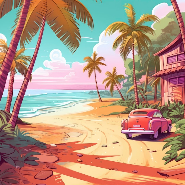 Tropical beach with palm trees and retro car