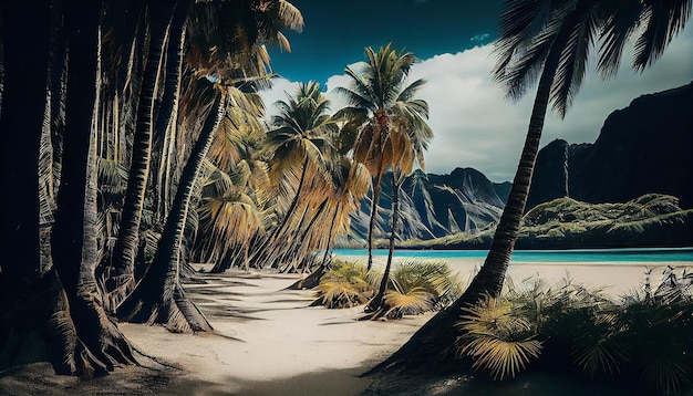 Tropical beach with palm trees and sand at Seychellesgenerative ai