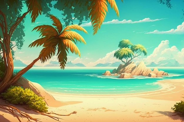 A tropical beach with palm trees on the sand.