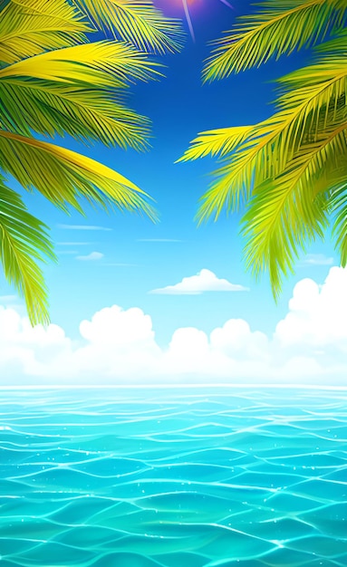 A tropical beach with palm trees and the sky