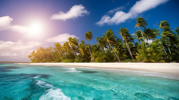 a tropical beach with palm trees and the sun in the background