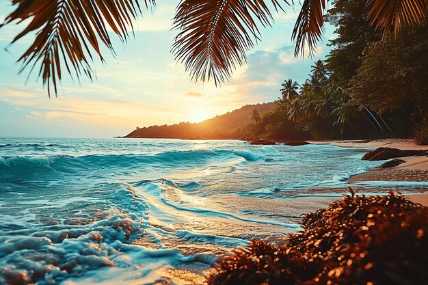 a tropical beach with palm trees and the sun setting behind them