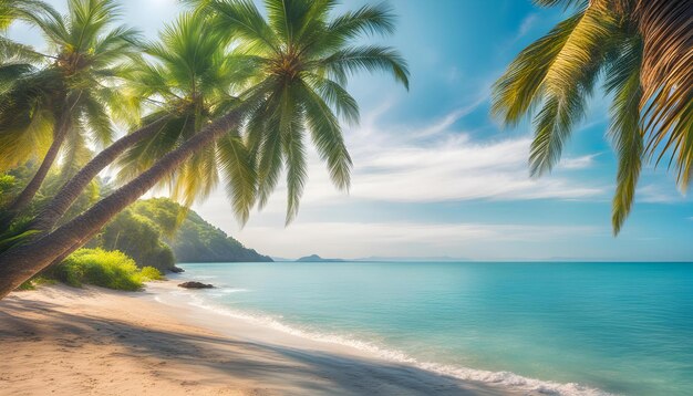 a tropical beach with palm trees and the sun shining on the horizon