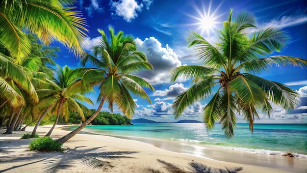 Photo a tropical beach with palm trees and the sun shining through the clouds