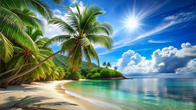 Photo a tropical beach with palm trees and sun in the sky