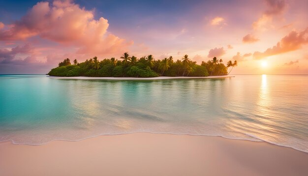 a tropical beach with palm trees and a sunset in the background