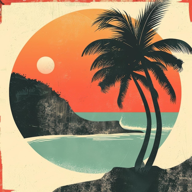 Tropical beach with palm trees and sunset in grunge style