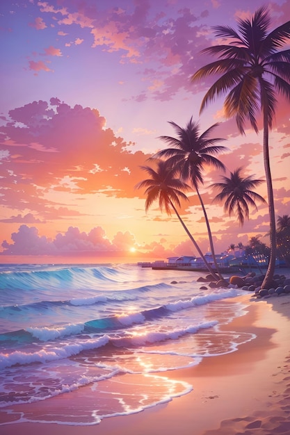 Tropical beach with palm trees at sunset Nature background