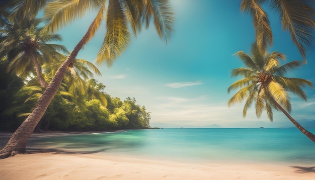 a tropical beach with palm trees and a tropical island in the background