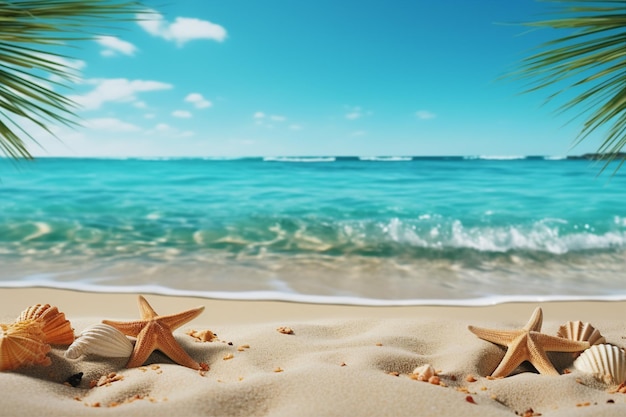 Tropical beach with sea star on sand summer holiday background Travel and beach vacation