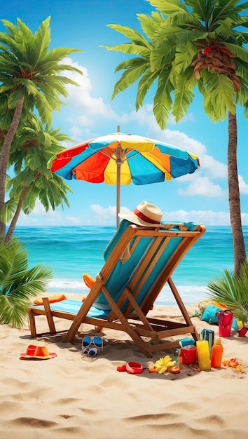 Tropical beach with sunbathing accessories summer holiday background