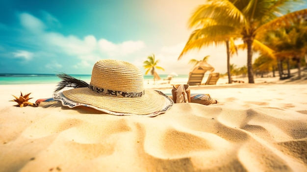 Tropical beach with sunbathing accessories warm colors and subtle bokeh effect