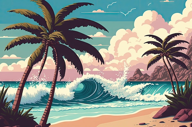 Tropical beach with towering waves and palm trees in the background created with generative ai