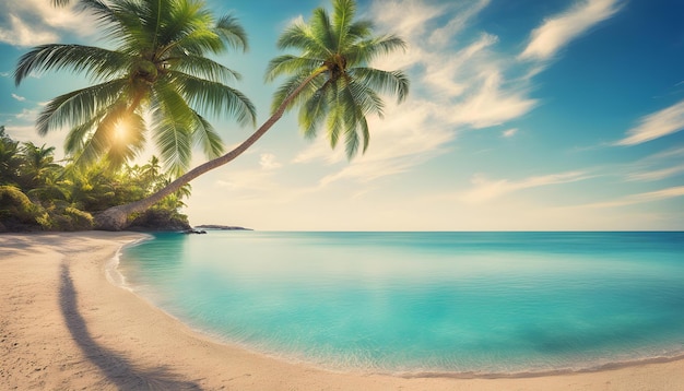 a tropical beach with a tropical island in the background