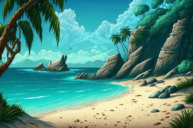 A tropical beach with a tropical island in the background.