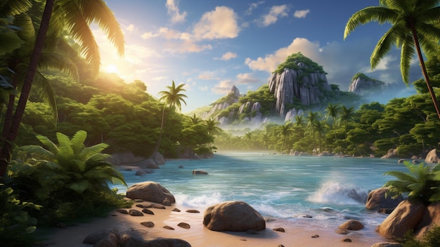 a tropical beach with a tropical island in the background