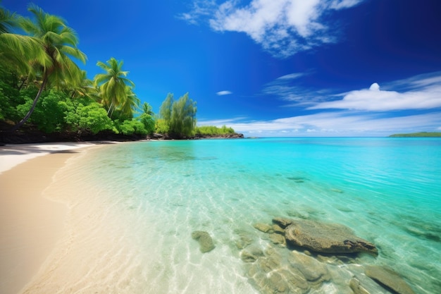 Tropical beach with view of serene blue waters and distant horizon created with generative ai