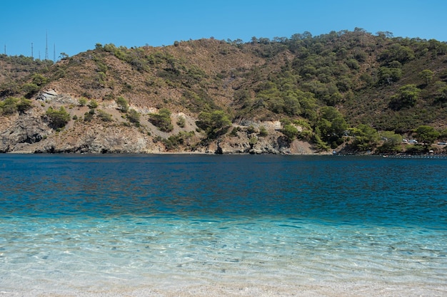 Tropical beach with white sand and turquoise water travel tourism panorama background