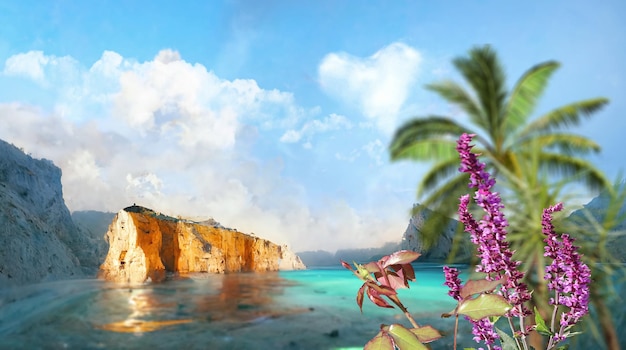 tropical beaches blue sky ,whute clouds in heart shape exotic flowers and palm tree  on sea wave