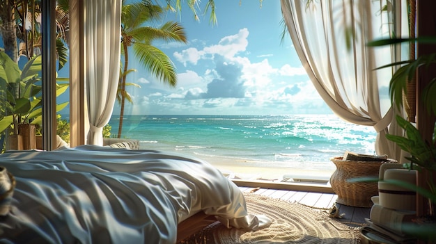 Tropical Beachfront Villa Bedroom Ocean View Scene