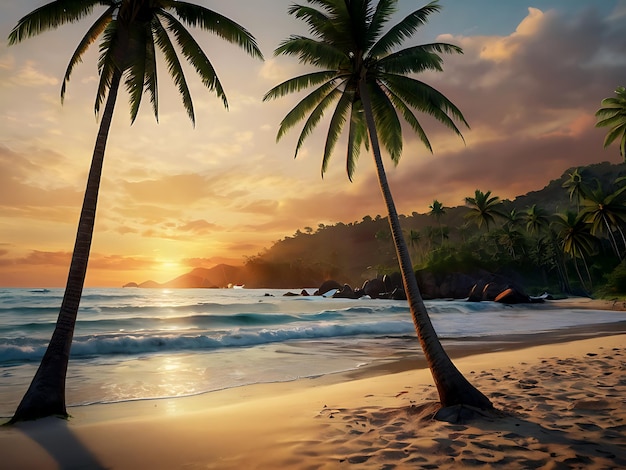 Tropical Beachscape with Coconut Palms at Sunrise