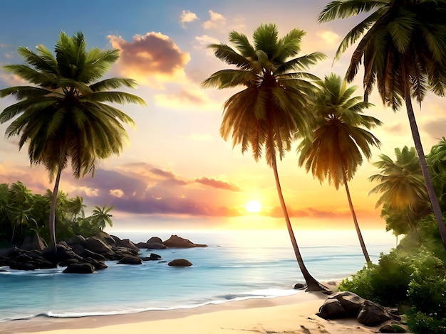 Tropical Beachscape with Coconut Palms at Sunrise