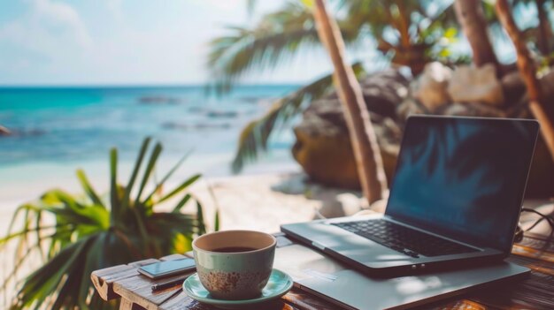 Photo tropical beachside remote work setup during daytime