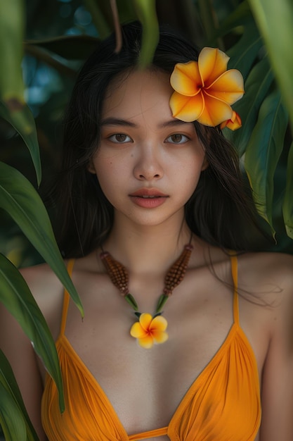 Tropical Beauty with Orange Flower in Hair Amidst Lush Greenery Portrait of a Woman in Sunny