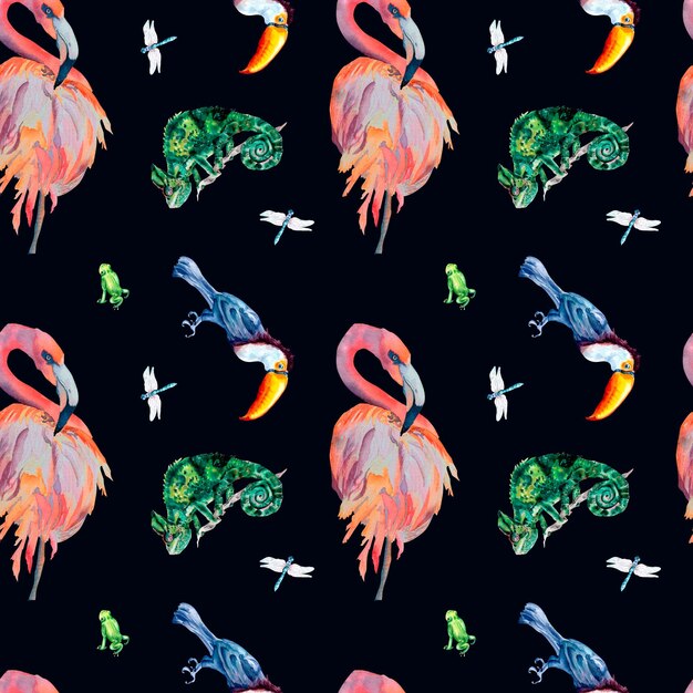 Tropical birds and animals watercolor seamless pattern on dark background