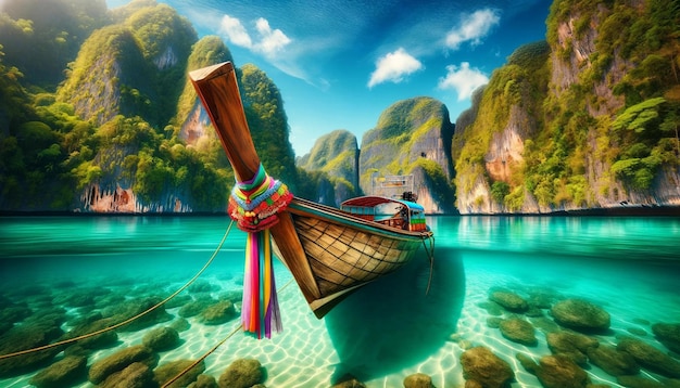 Tropical Boat with Colorful Ribbons and Cliffs