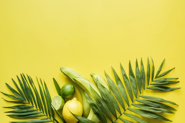 Tropical border of fruits, banana, lime, leaves palms.  Detox tour.