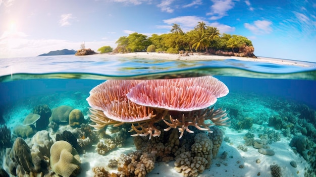 Photo tropical bright and colorful coral reef landscape half out of the water photo