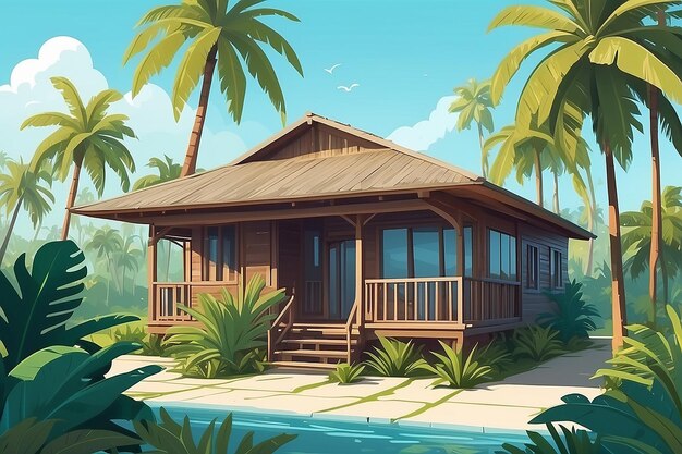 Tropical Bungalow Surrounded by Palm Trees