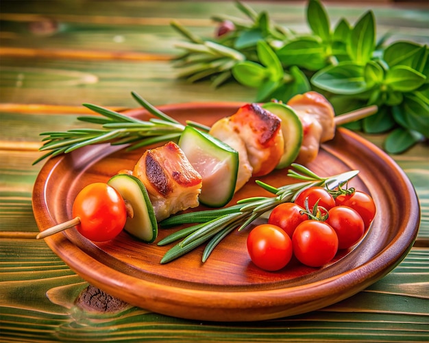 Tropical chicken skewer for World Food Day with tomato cucumber and spices