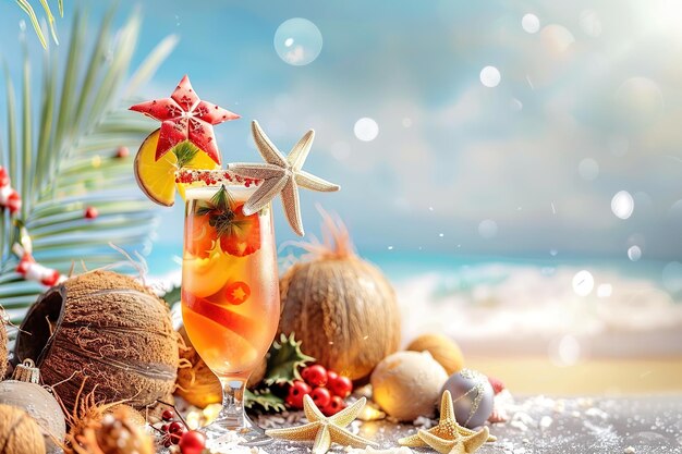 Photo tropical christmas celebration with cocktail on beach