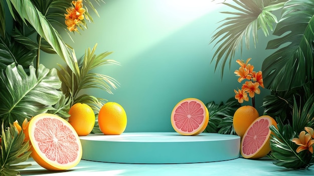 Photo tropical citrus fruits and greenery on a sunny display platform with vibrant background