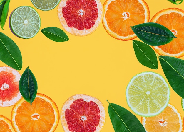 Tropical Citrus Fusion Colorful Citrus Fruits and Leaves on a Pastel Yellow Background a Refreshing Medley of Natural Delights