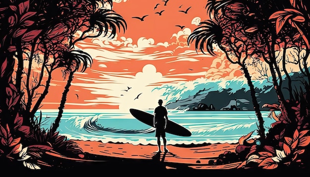 Tropical coast beach and surfer silhouette AI generated sunset landscape Hawaii vacation travel and surfing adventure Australia holiday travel resort beach wallpaper with surfer on ocean shore