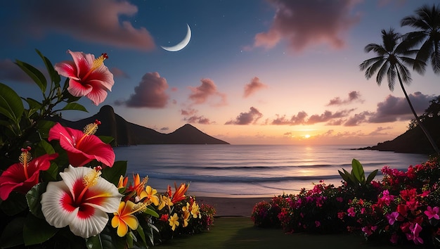 Tropical coast at sunset in bloom with sea